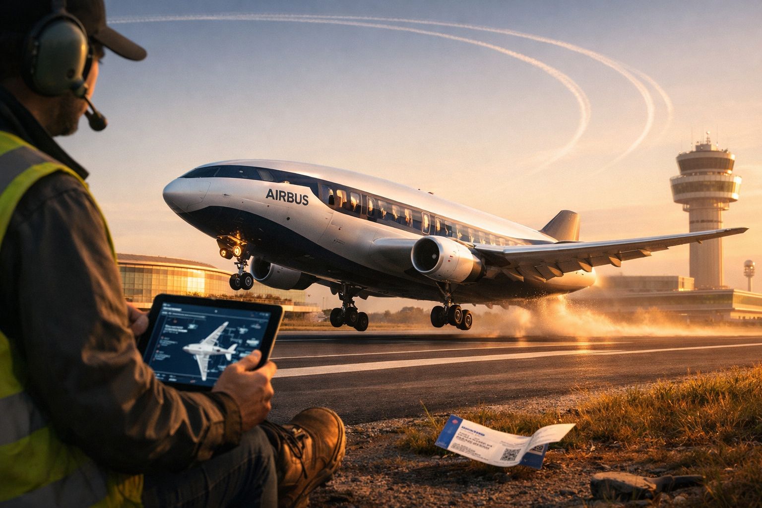 Avião Airbus a descolar numa pista de aeroporto ao pôr do sol, com controlador a monitorizar num tablet.