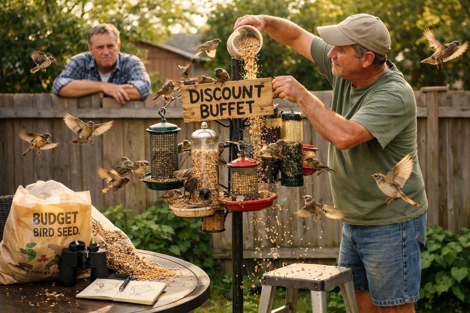 Homem a alimentar pássaros com sementes junto a comedouros num jardim com outro homem a observar.