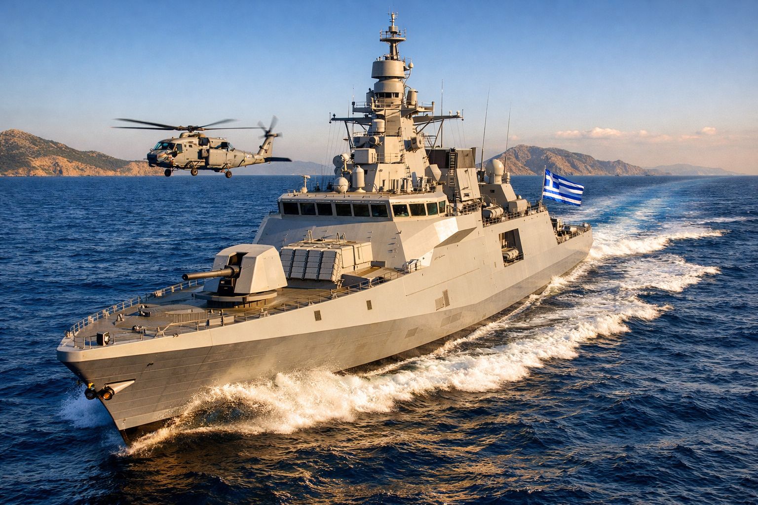 Fragata militar grega a navegar no mar com helicóptero a voar ao lado e montanhas ao fundo.