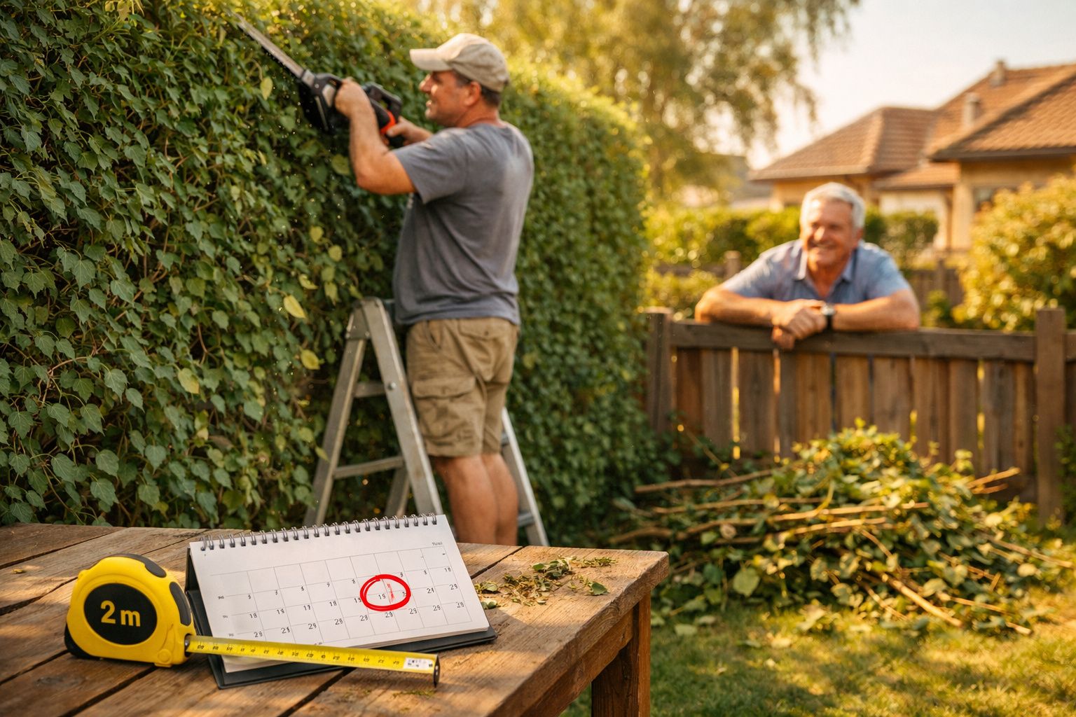 Homem em escada a podar sebe, perto de calendário e fita métrica num jardim ensolarado.