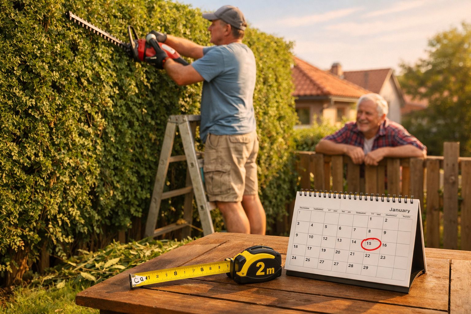 Homem a podar sebes com máquina enquanto outro observa sobre cerca, fita métrica e calendário com data marcada na mesa.