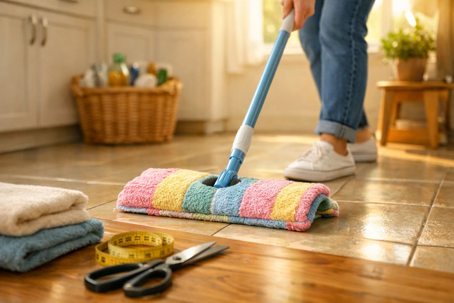 Pessoa a limpar chão com esfregona de microfibra colorida numa cozinha iluminada e acolhedora.