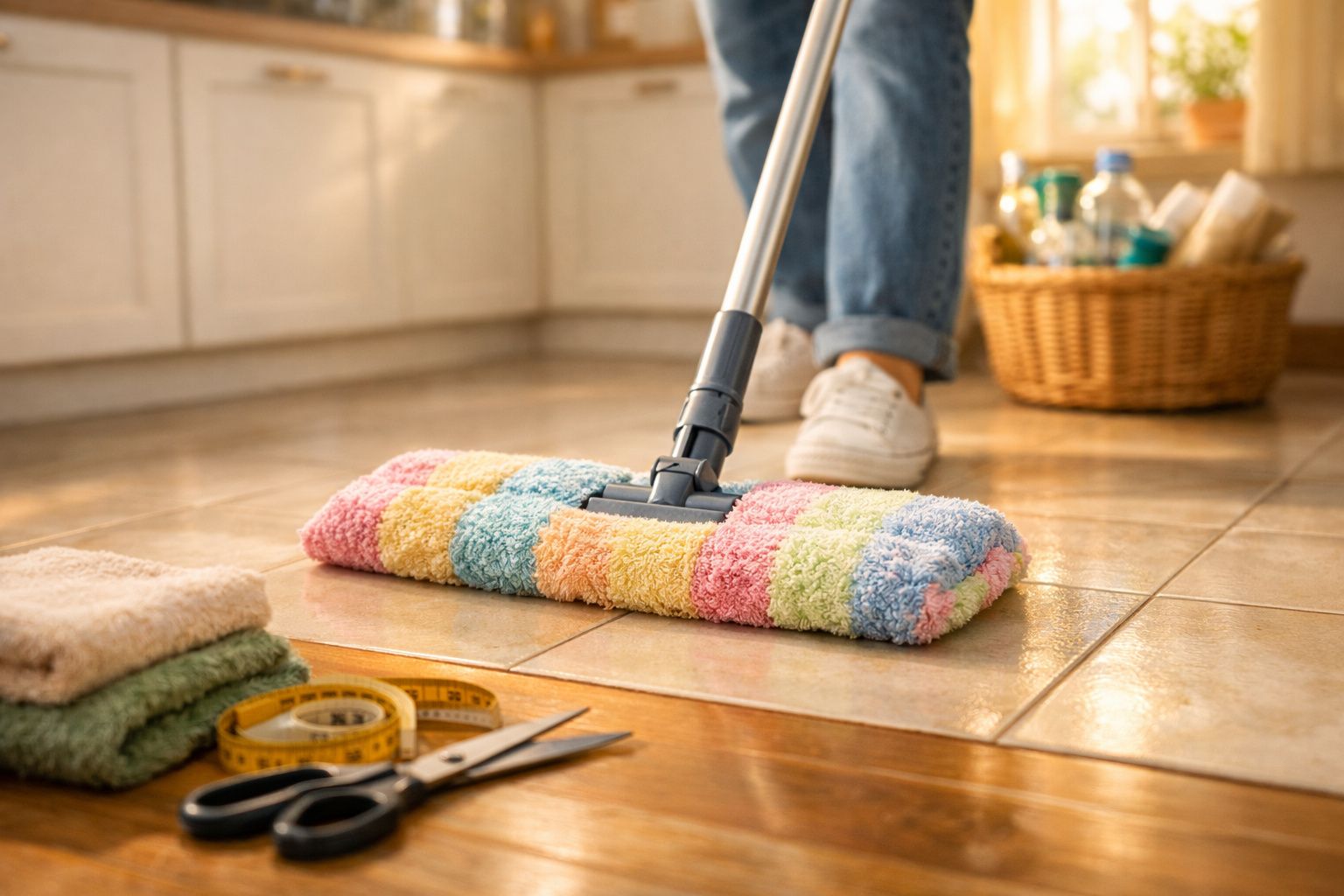 Pessoa a passar esfregona colorida num chão de azulejo com panos, tesoura e fita métrica ao lado.