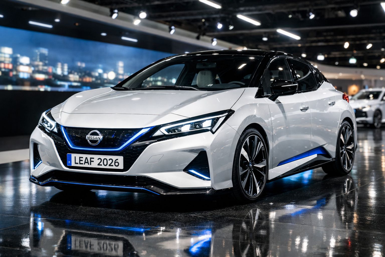 Carro elétrico Nissan Leaf 2026 branco com detalhes azuis, em exposição interior moderna.