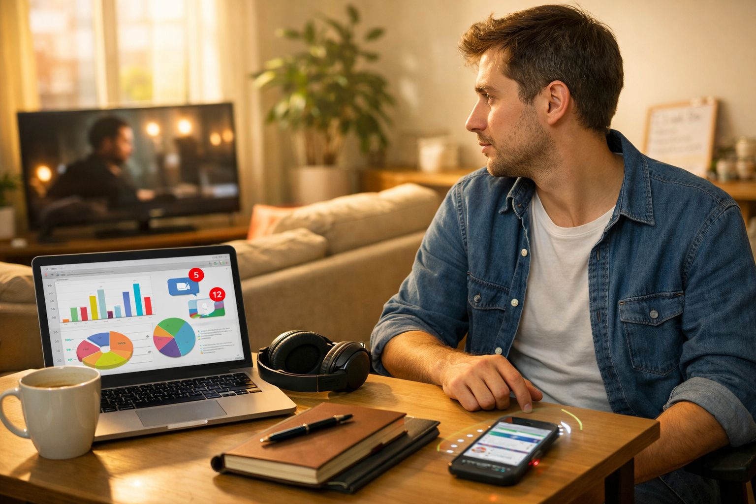 Homem sentado à mesa com portátil a mostrar gráficos e smartphone, olhando para o lado numa sala iluminada.