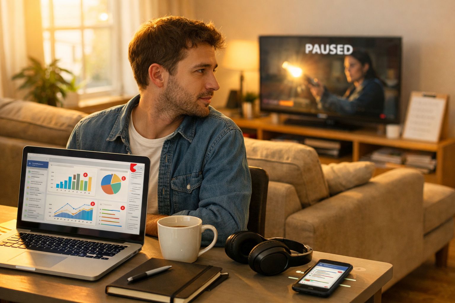 Homem sentado com computador portátil, gráficos na tela, copa de café, auscultadores e televisão em pausa ao fundo.