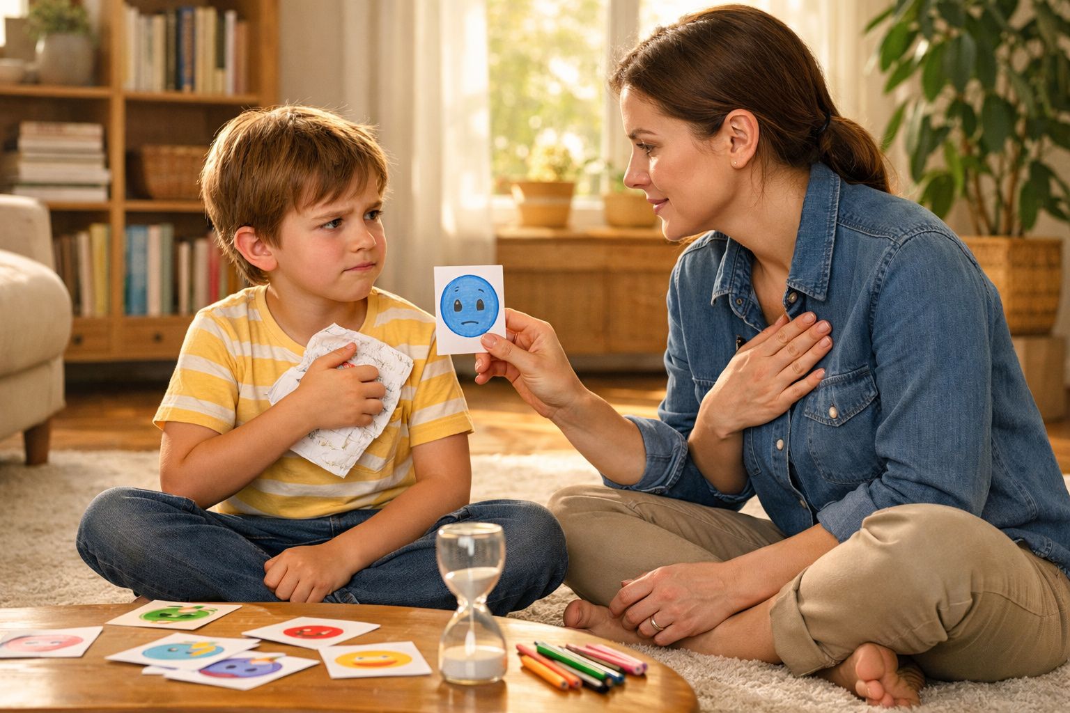 Criança e mulher sentados no chão a trabalhar emoções com cartões ilustrados de rostos.