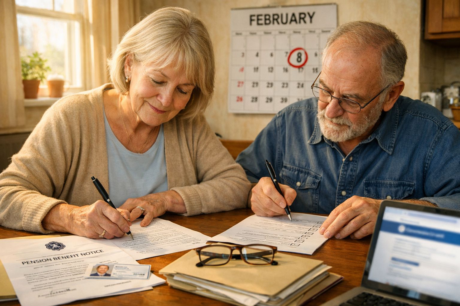 Casal idoso sentado à mesa, a preencher documentos financeiros com calendário ao fundo marcado no dia 8.