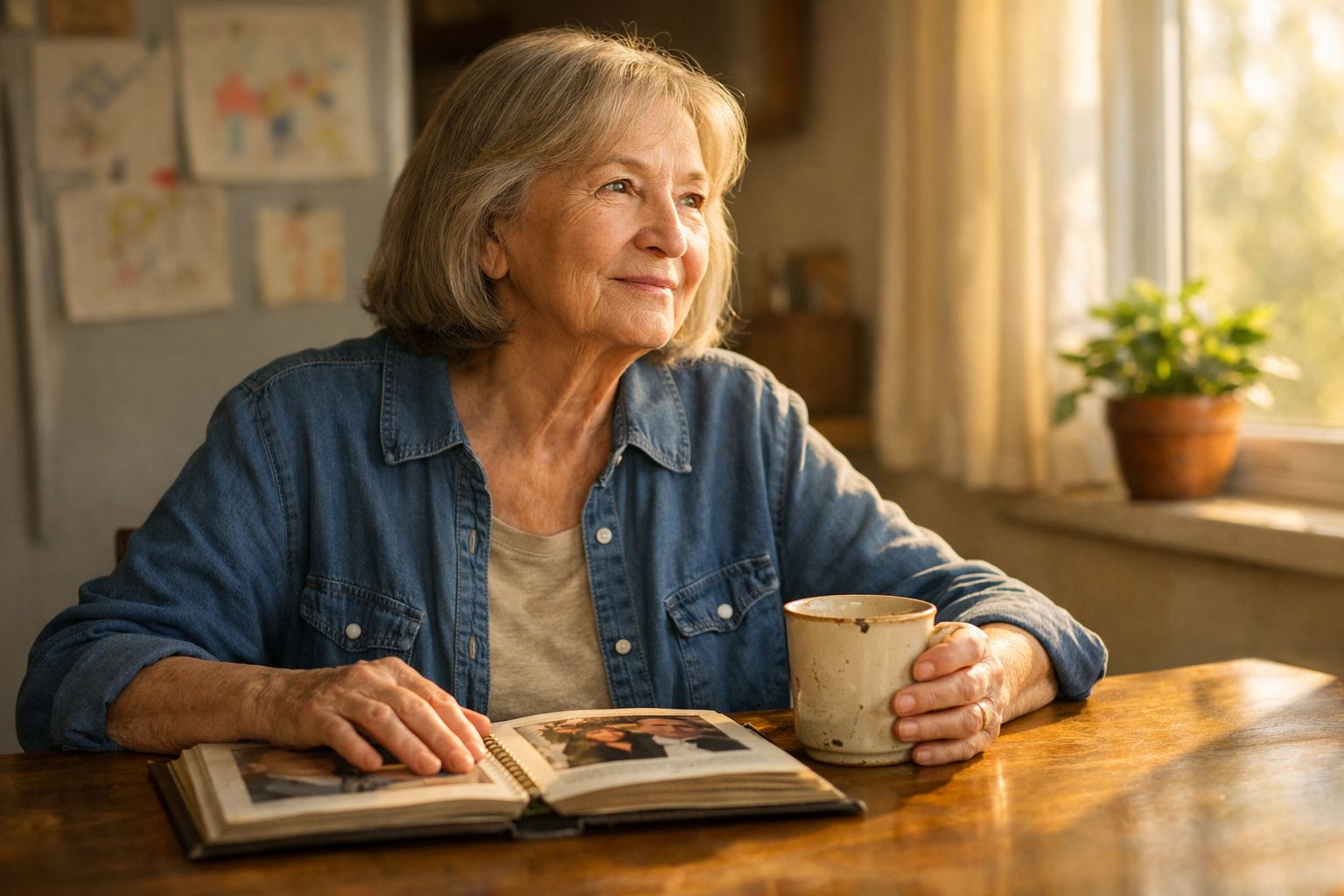 Mulher idosa sentada à mesa, a segurar uma caneca, olhando pela janela, com álbum de fotografias aberto.