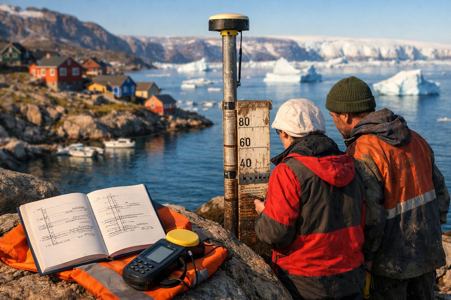 Duas pessoas em roupa de proteção analisam medida junto ao mar com icebergues e casas coloridas ao fundo.
