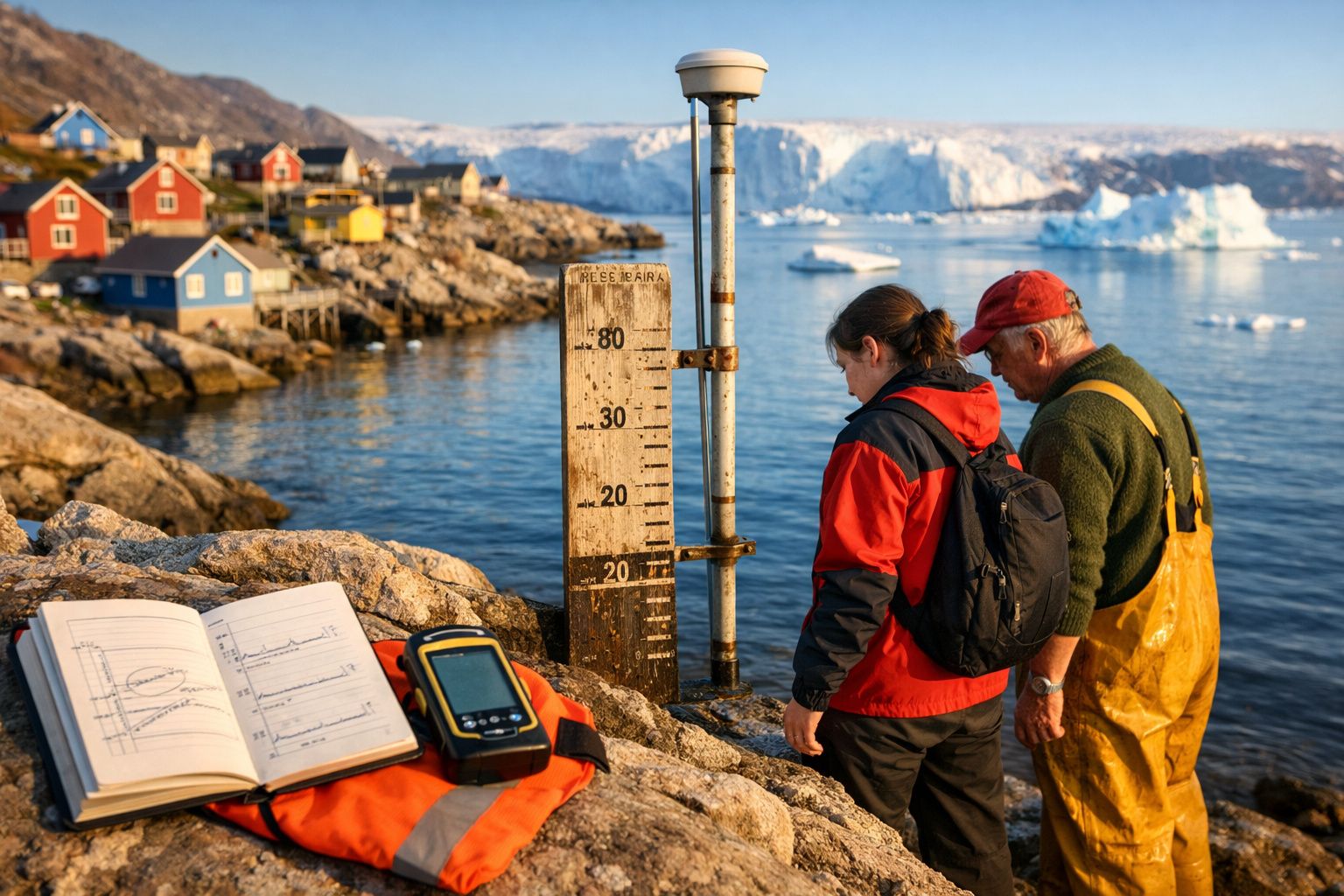 Duas pessoas analisam dados junto a um marcador de níveis de água numa costa com casas coloridas e gelo.
