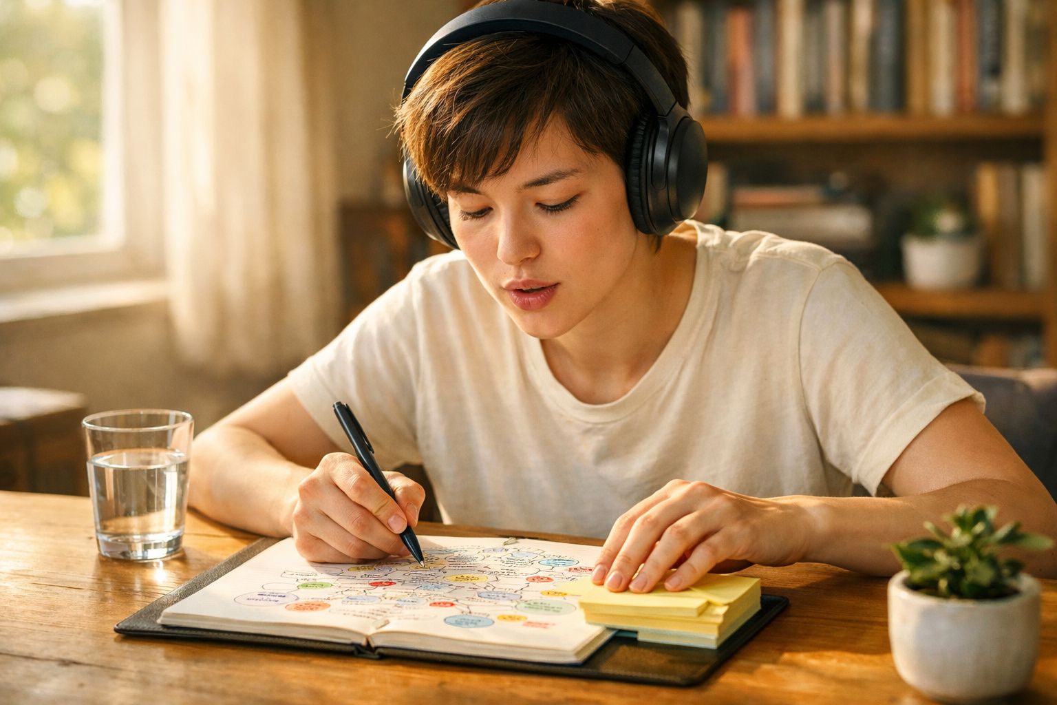 Pessoa jovem com auscultadores a escrever e fazer apontamentos num caderno colorido numa mesa com vidro de água e planta.