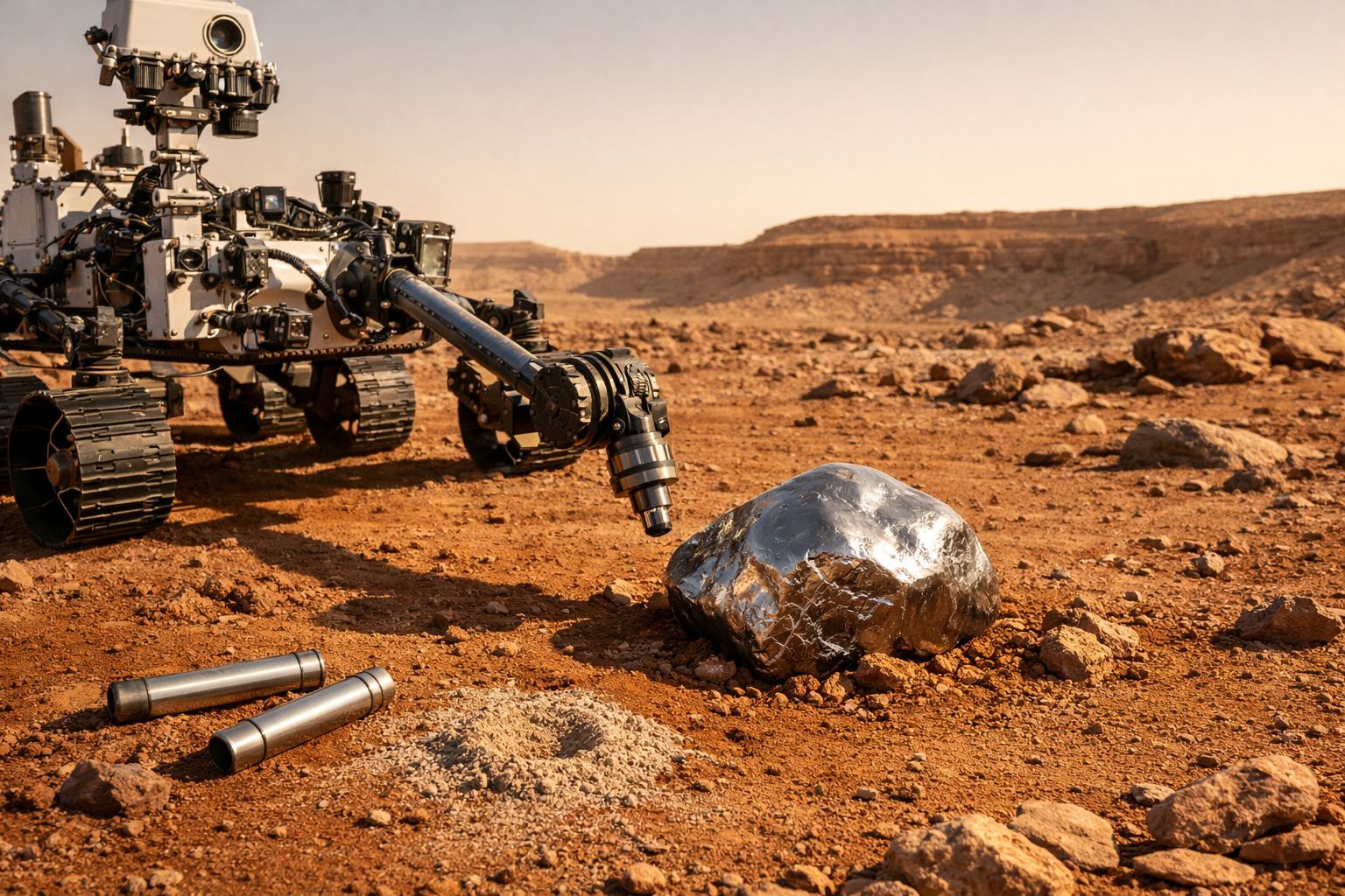 Rover explorador a analisar uma rocha metálica num terreno árido e rochoso semelhante a Marte.
