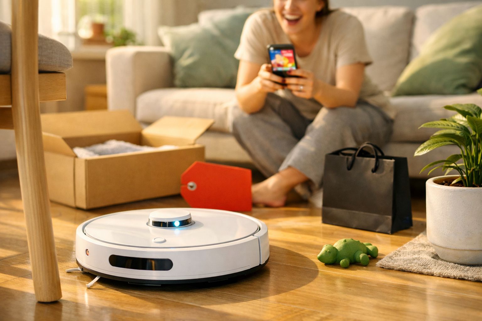 Robot aspirador a limpar chão de madeira numa sala com pessoa sentada no sofá a usar telemóvel.