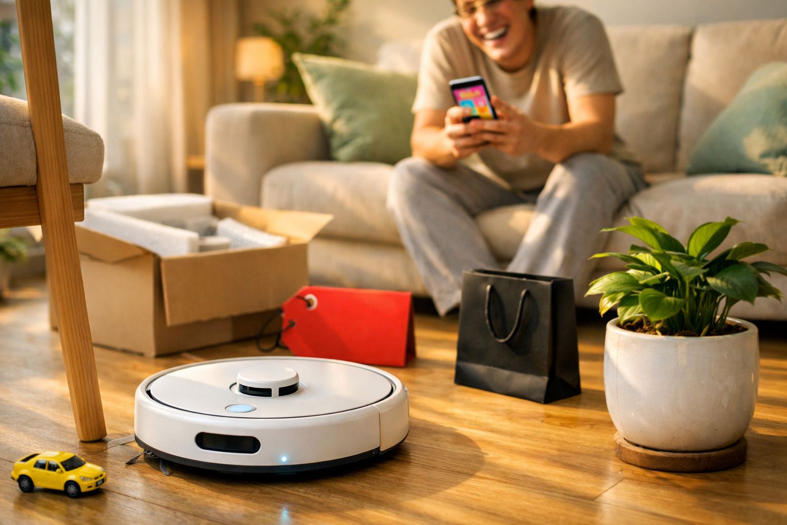 Robô aspirador a limpar chão de madeira numa sala com homem ao fundo a usar telemóvel.