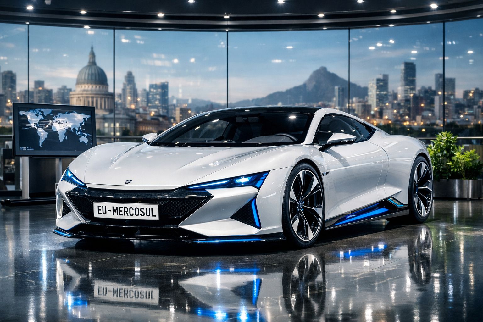 Carro desportivo elétrico branco estacionado em interior moderno com vista para cidade ao fundo.