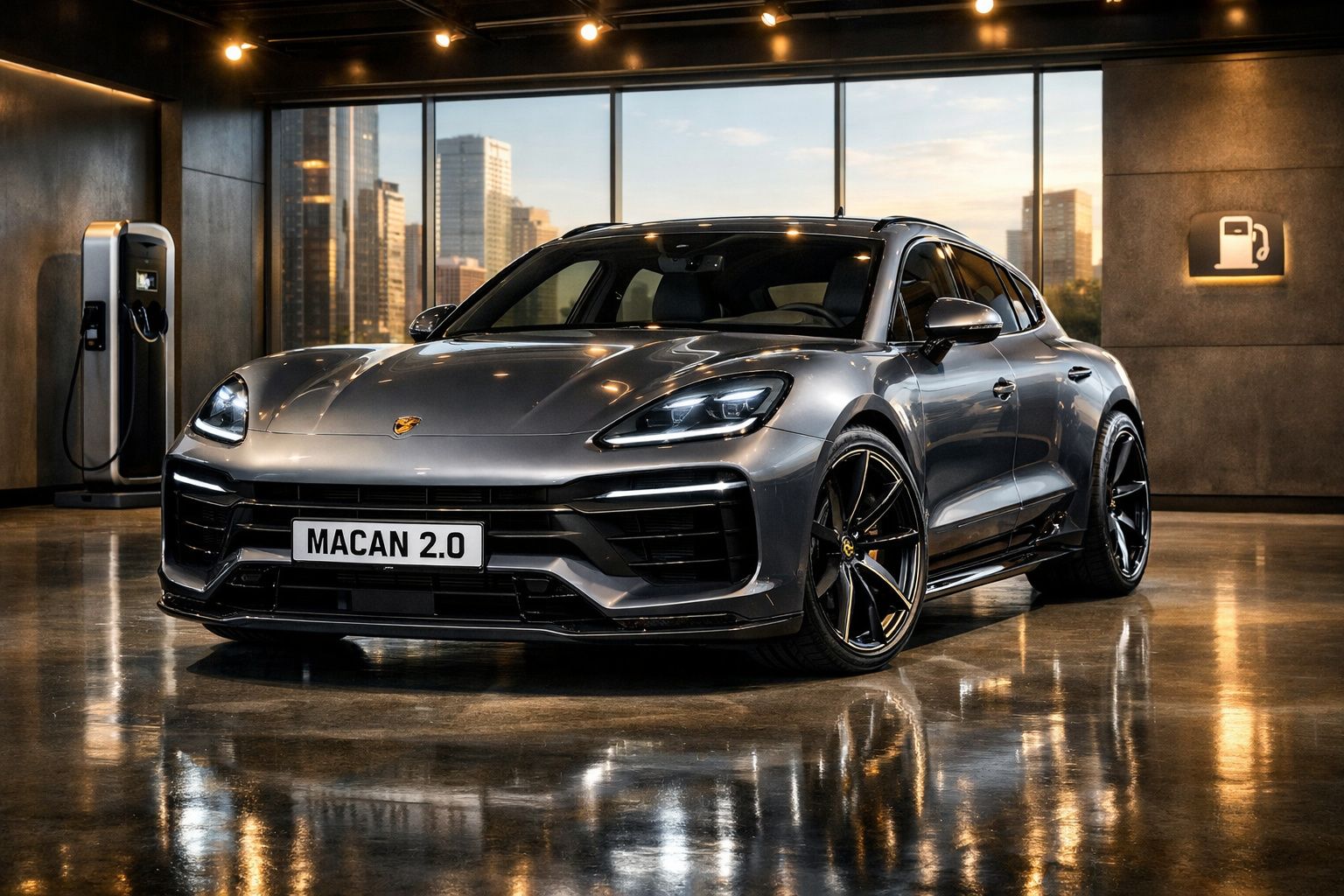 Carro desportivo Porsche Macan 2.0 cinza numa garagem com carregador elétrico e vista urbana ao fundo.