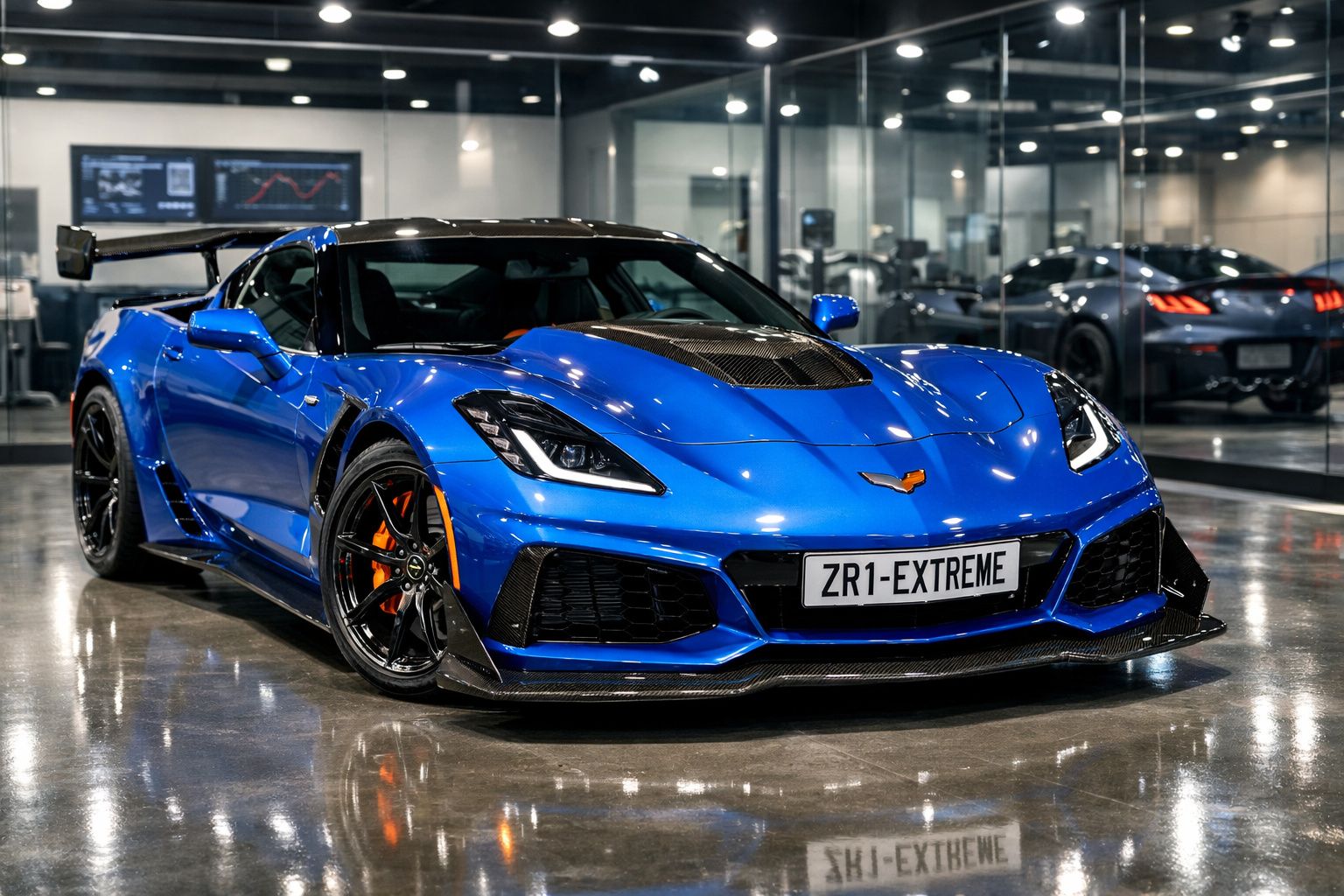 Carro desportivo azul com detalhes pretos e jantes pretas, estacionado numa garagem moderna.