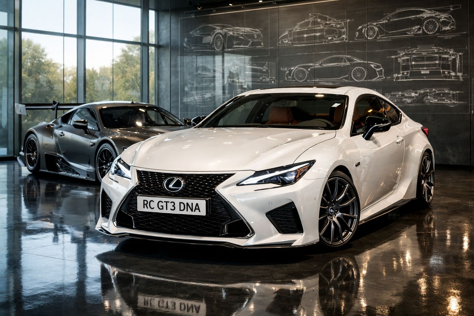 Dois carros desportivos Lexus em exposição num showroom moderno com grandes janelas e desenhos de carros na parede.