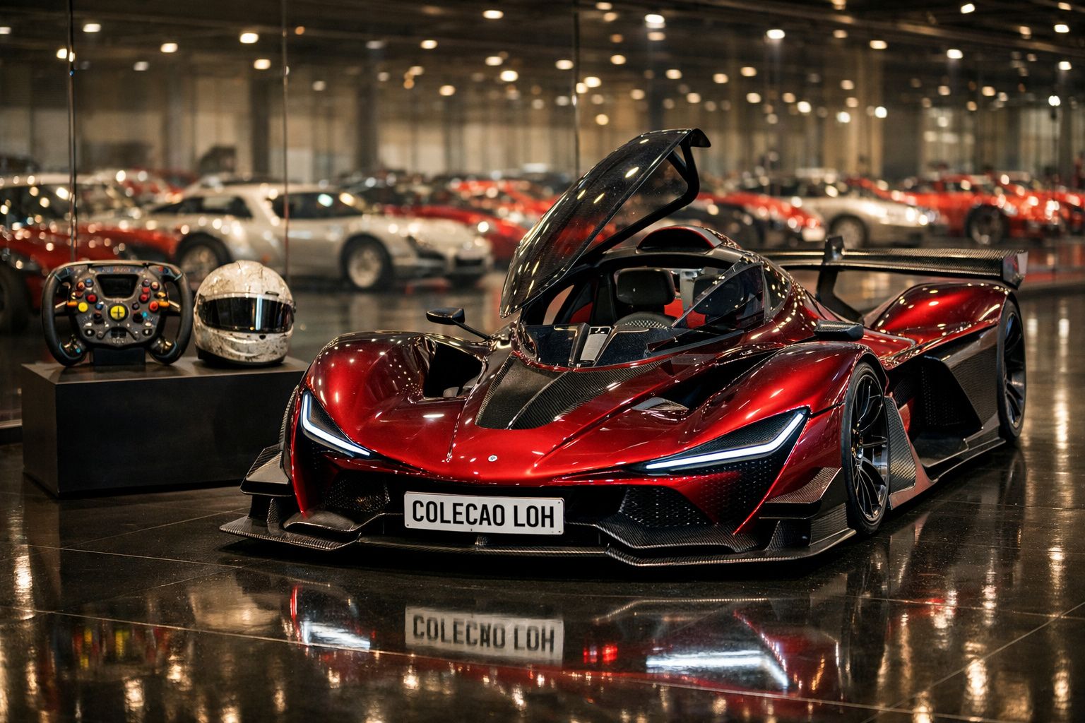 Carro desportivo vermelho com porta aberta em exposição, volante e capacete ao lado, garagem cheia de veículos ao fundo.