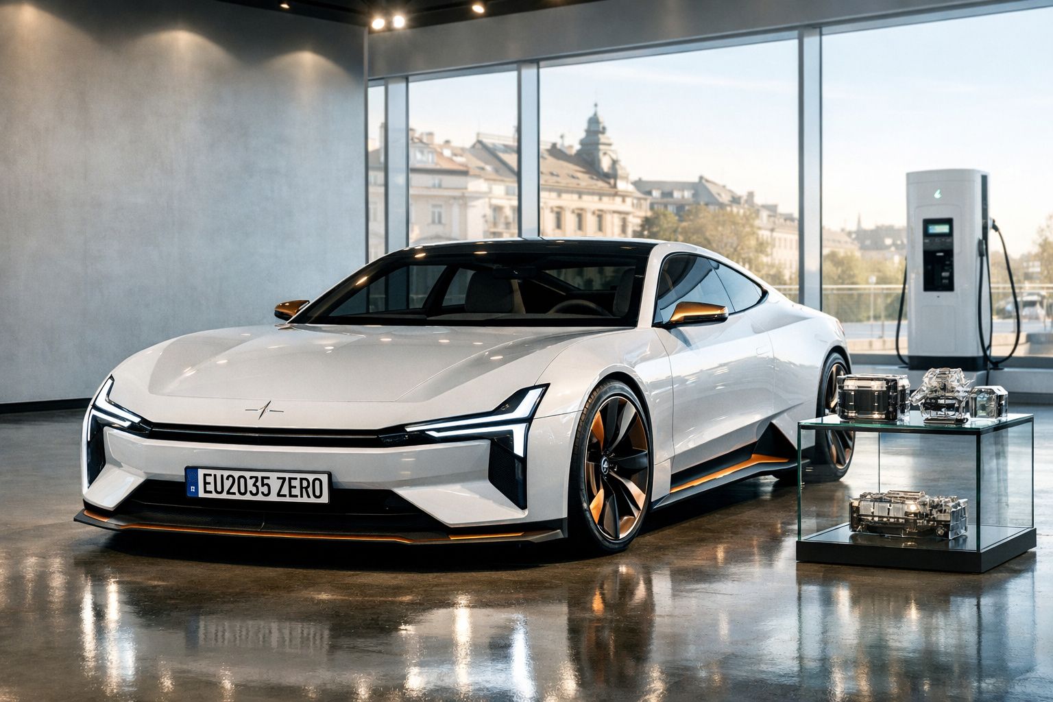 Carro desportivo elétrico branco estacionado em showroom moderno com carregador e peças expostas.