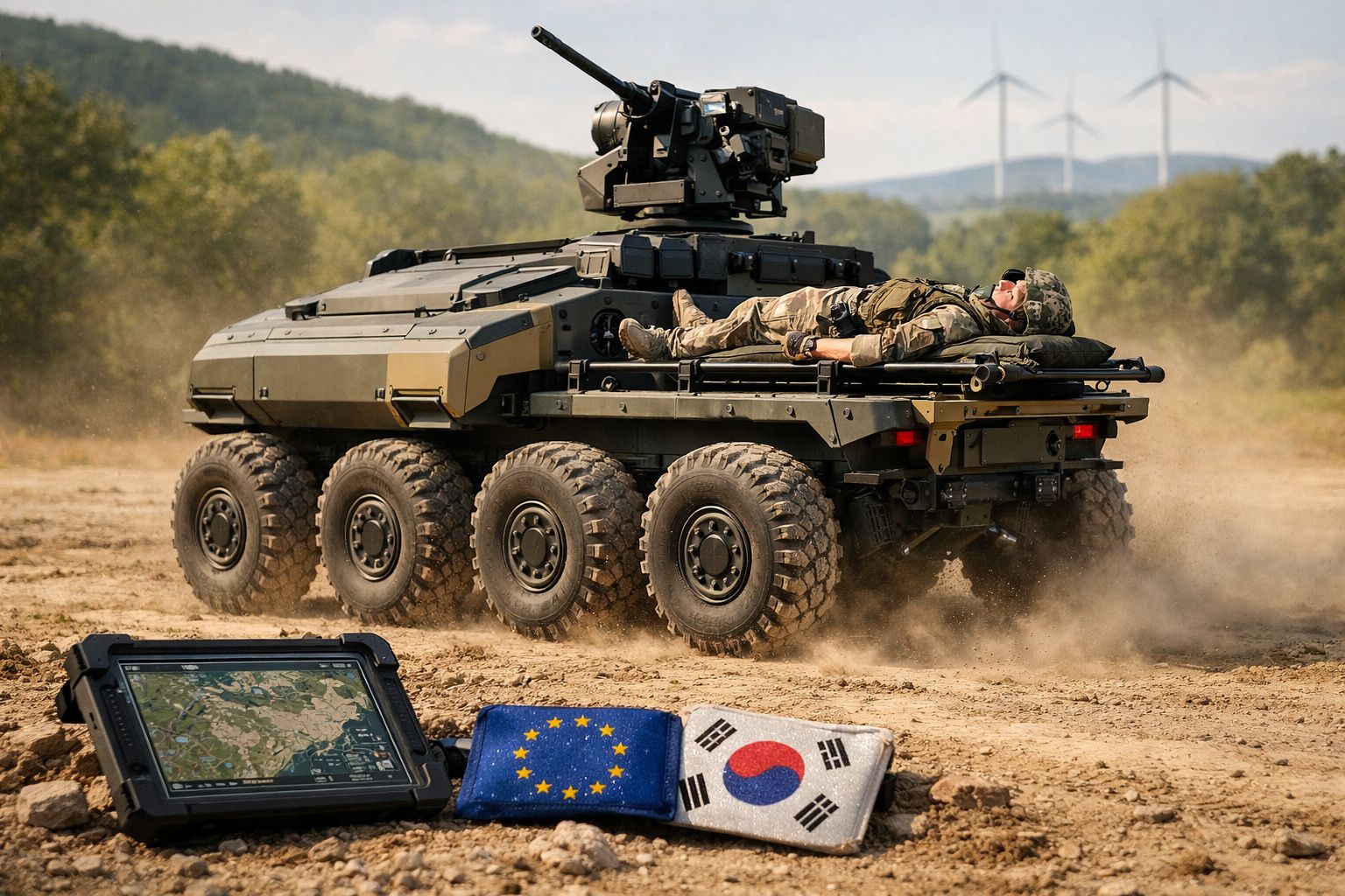 Veículo militar blindado de oito rodas em terreno poeirento com soldado deitado no tejadilho e bandeiras da UE e Coreia do Su