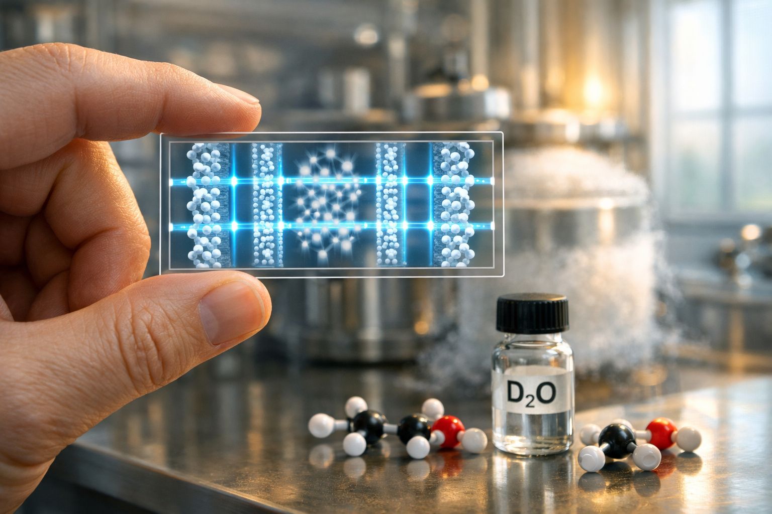 Mão segura placa transparente com modelo molecular, frasco rotulado D2O e moléculas em fundo de laboratório químico.