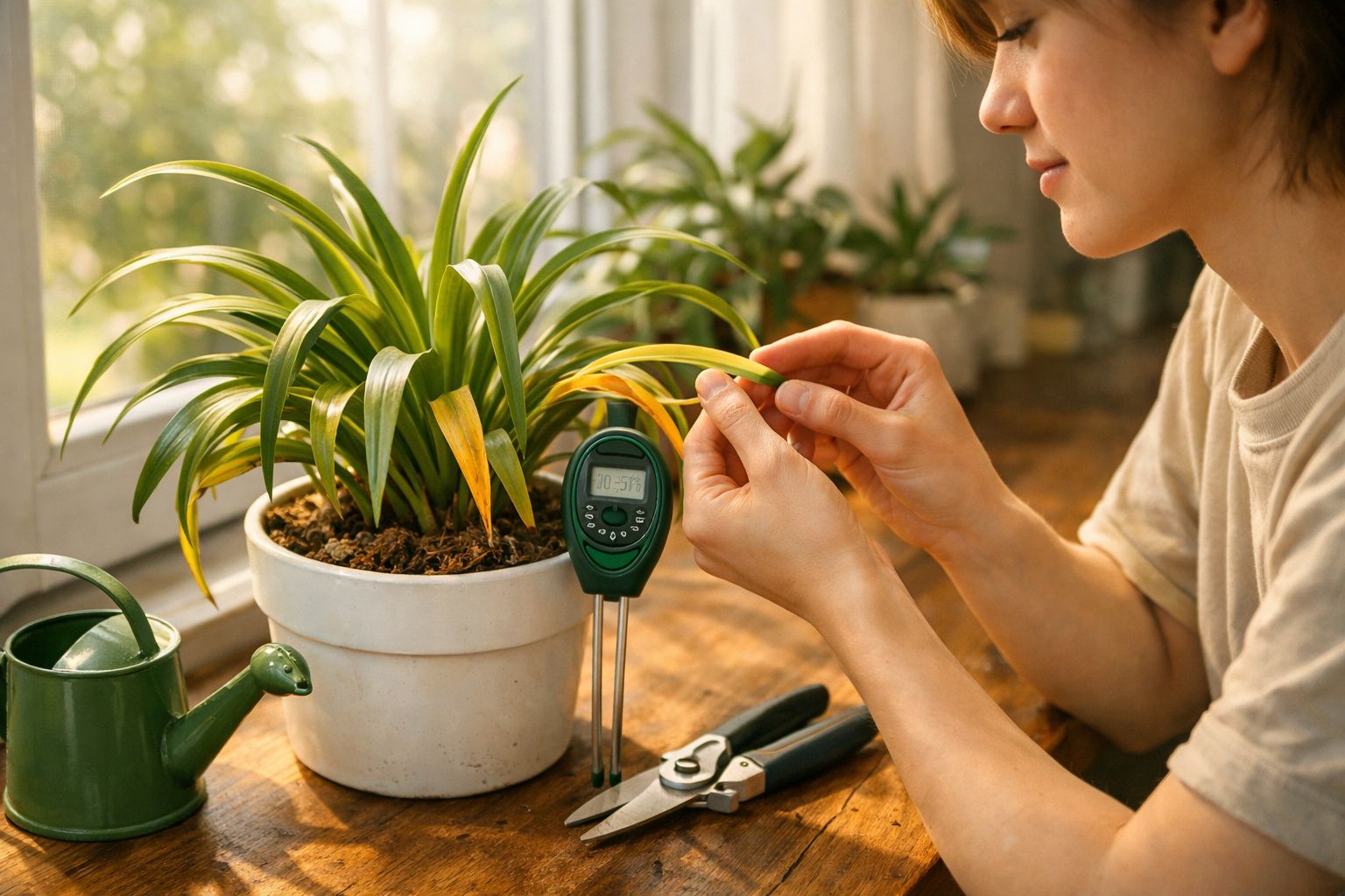 Pessoa a analisar folhas amarelas de planta em vaso com regador, tesoura e medidor de humidade numa mesa de madeira.