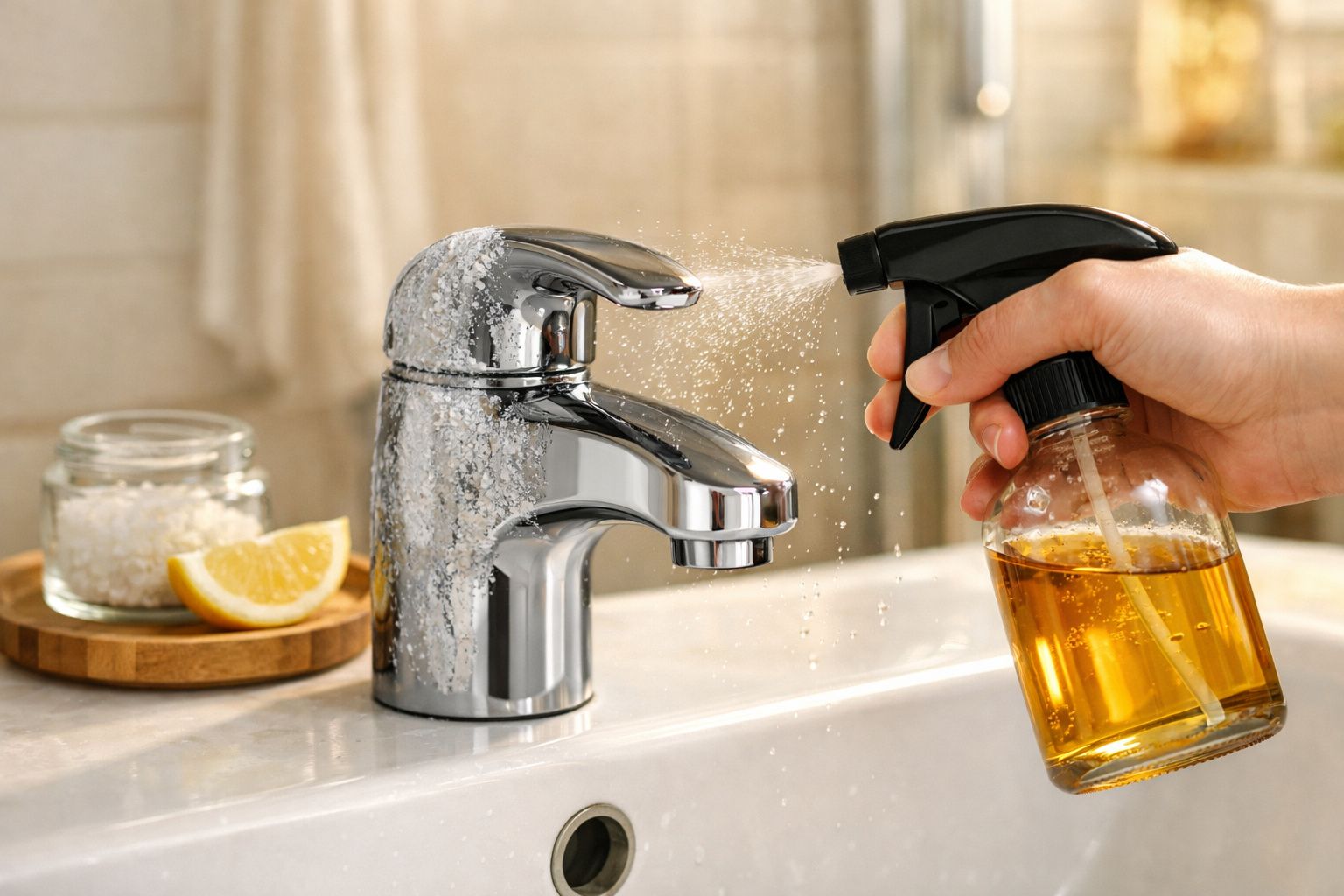 Mão a borrifar solução de limpeza numa torneira de lavatório com limão e sal em vidro ao fundo.