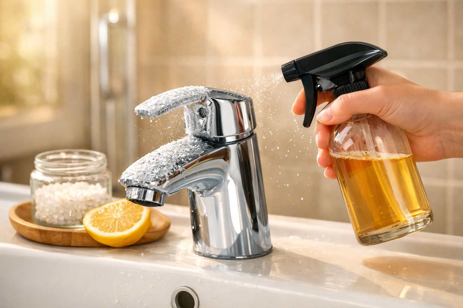 Mão a borrifar solução de limpeza num torneira cromada da cozinha com limão e sal ao lado.