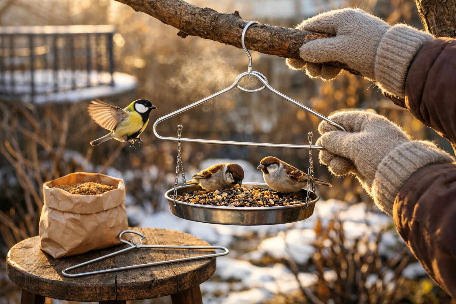 Pássaros a comer sementes de comedouro suspenso por cabide, com mãos de luvas a segurar a árvore.