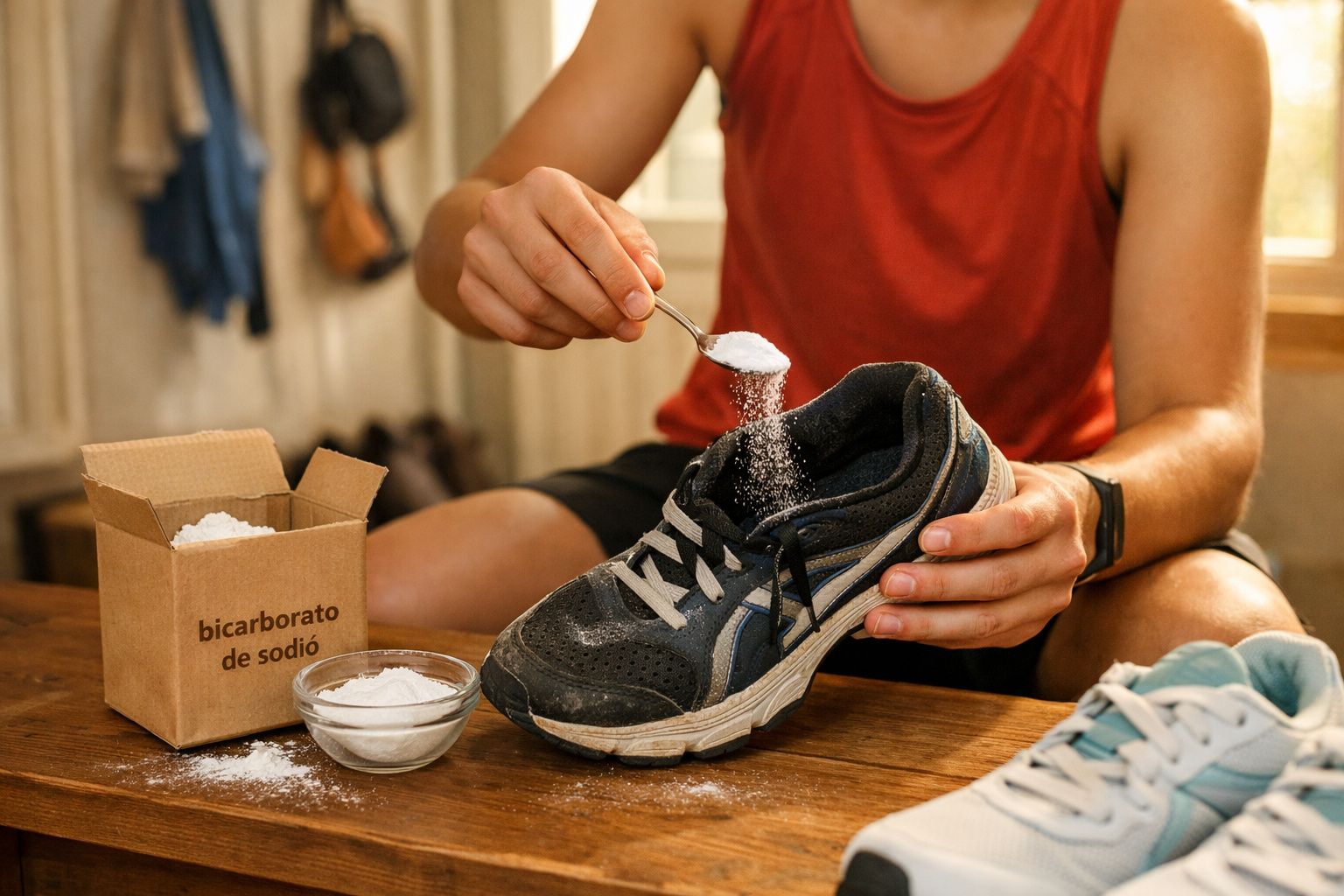 Pessoa a polvilhar bicarbonato de sódio dentro de um ténis para eliminar odores, com caixa e taça ao lado.