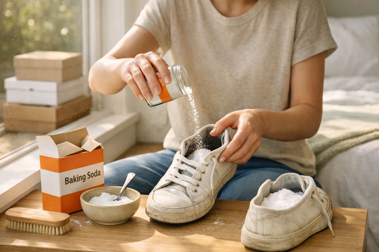 Pessoa despeja bicarbonato de sódio dentro de um ténis branco para limpar ou desodorizá-lo, próximo de uma escova.