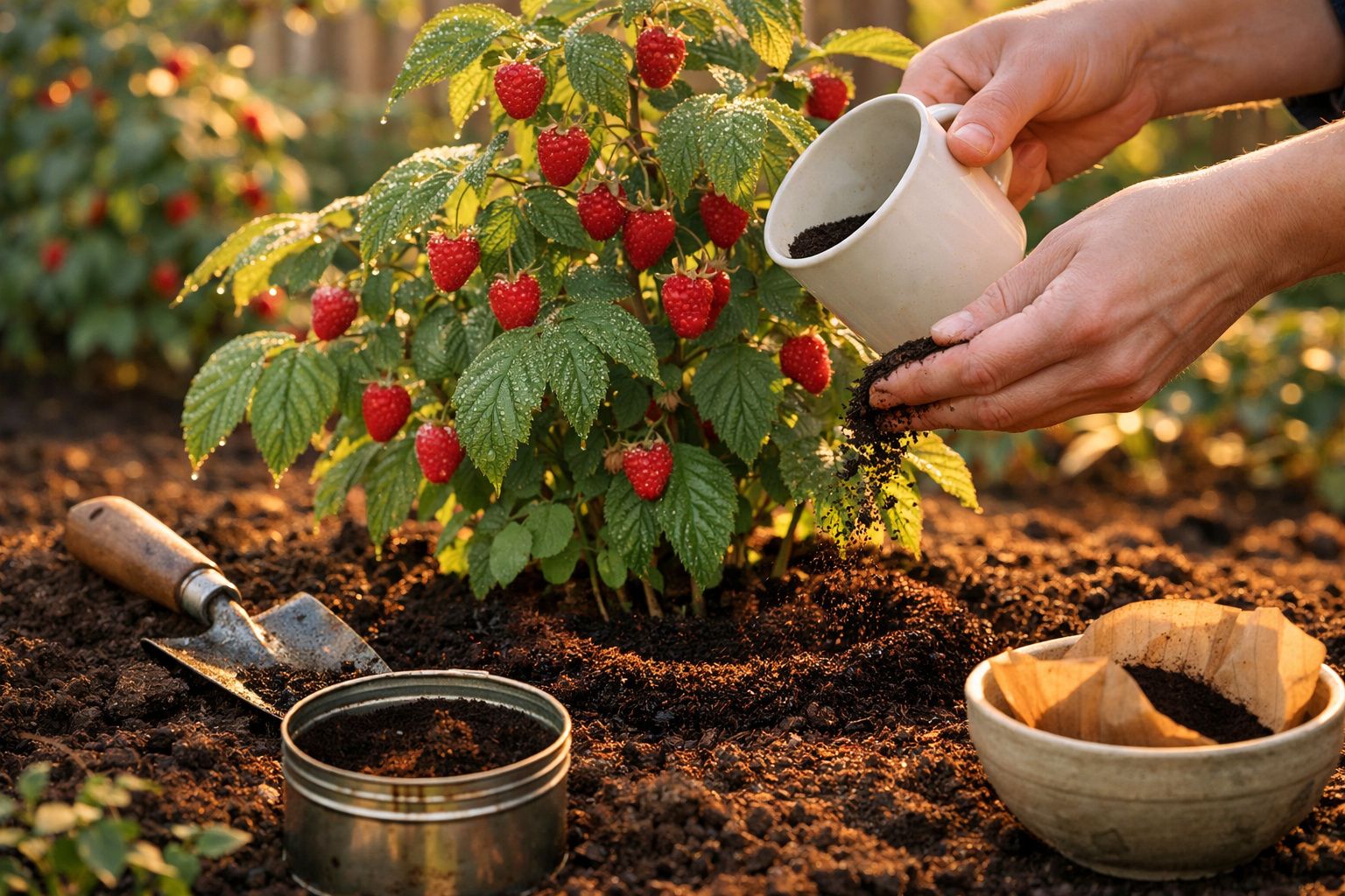 Pessoa a adubar planta de framboesas vermelhas no jardim, com utensílios de jardinagem no solo.