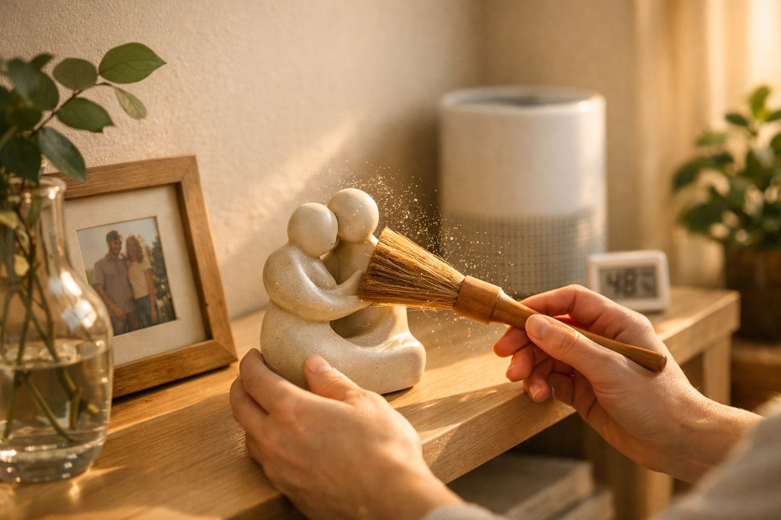 Pessoa a limpar estátua de casal abraçado com pincel em prateleira de madeira com decoração caseira.
