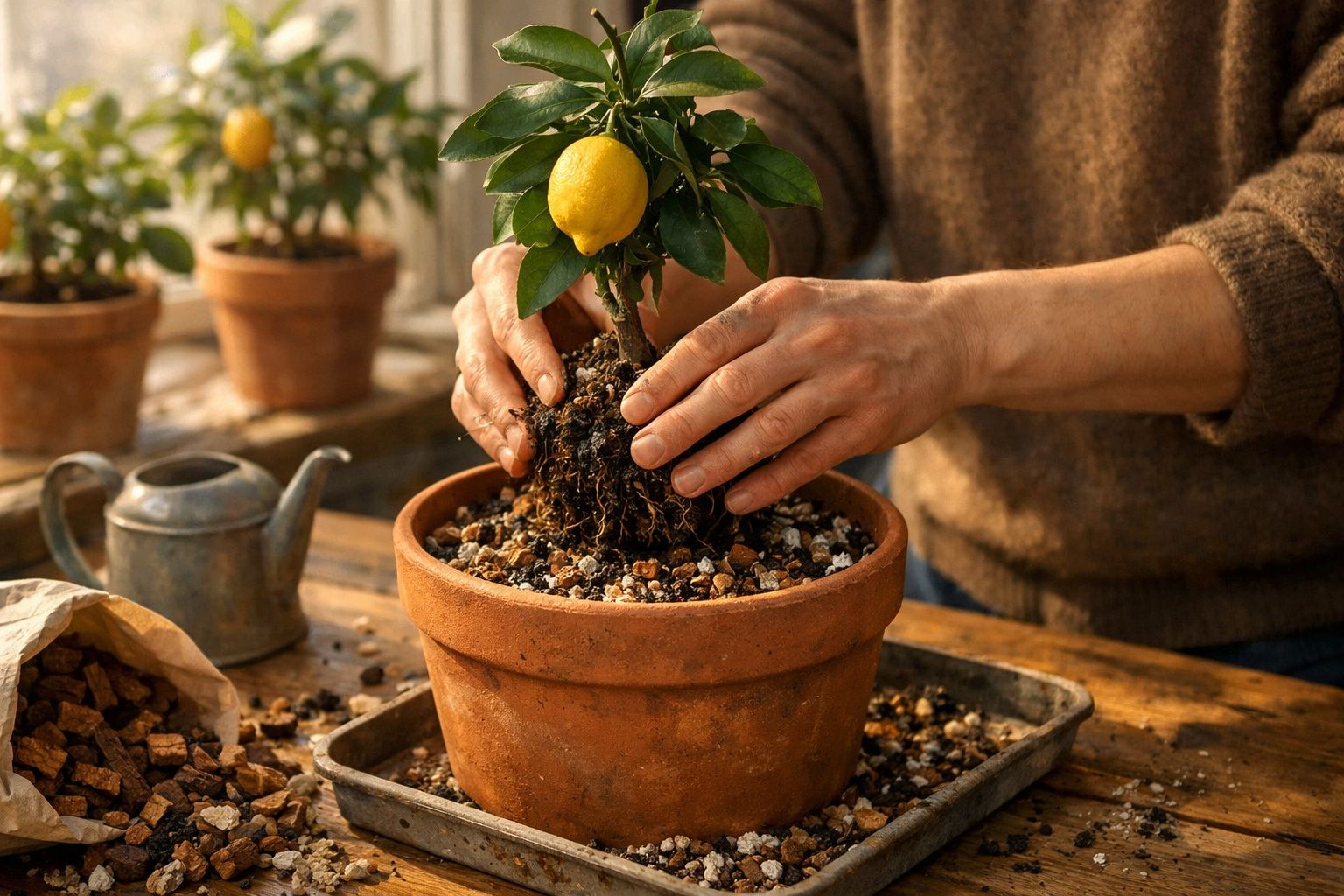 Pessoa a transplantar uma planta de limoeiro num vaso de barro numa mesa de madeira.