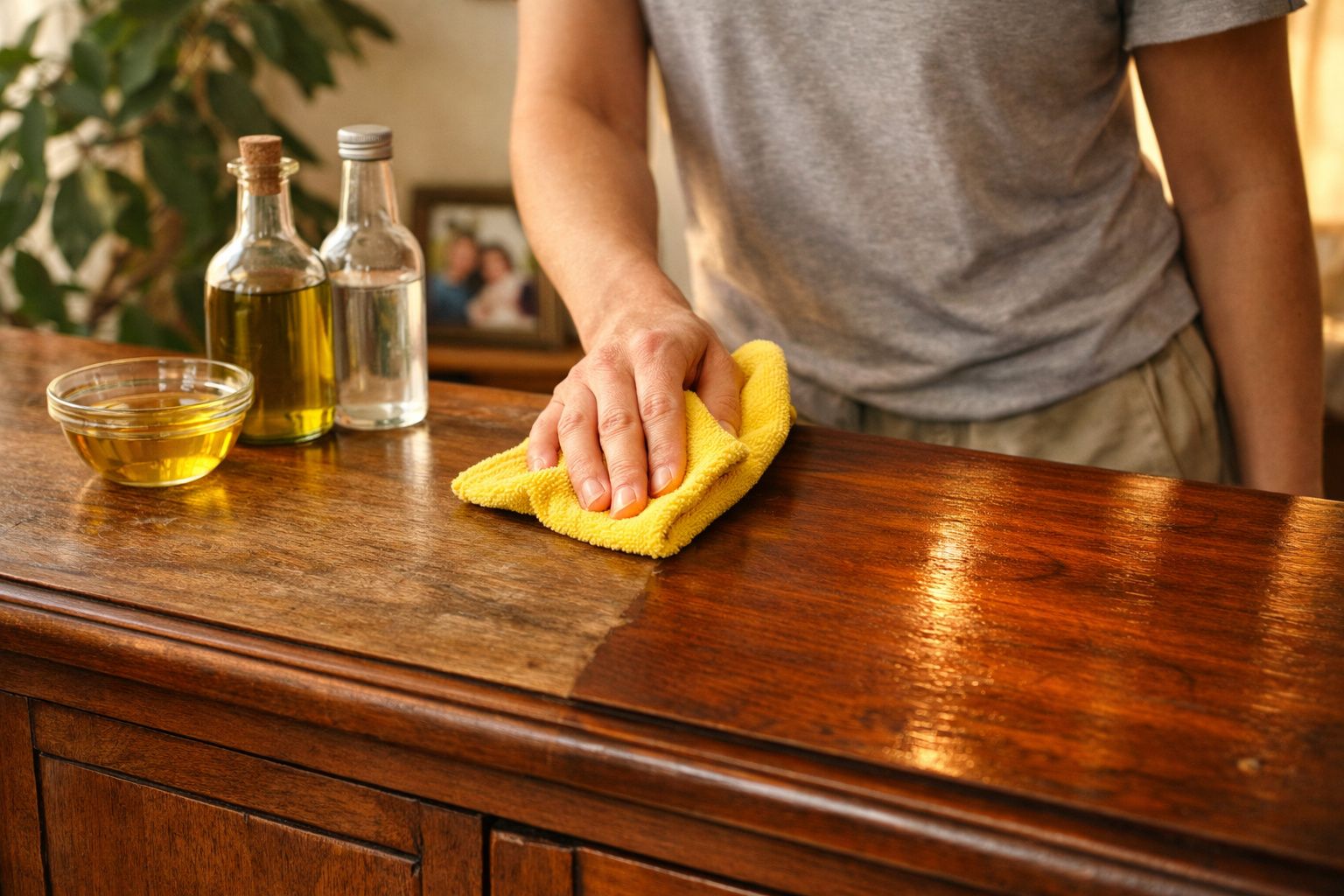 Pessoa a limpar e polir uma superfície de madeira com pano amarelo e óleos num ambiente doméstico.