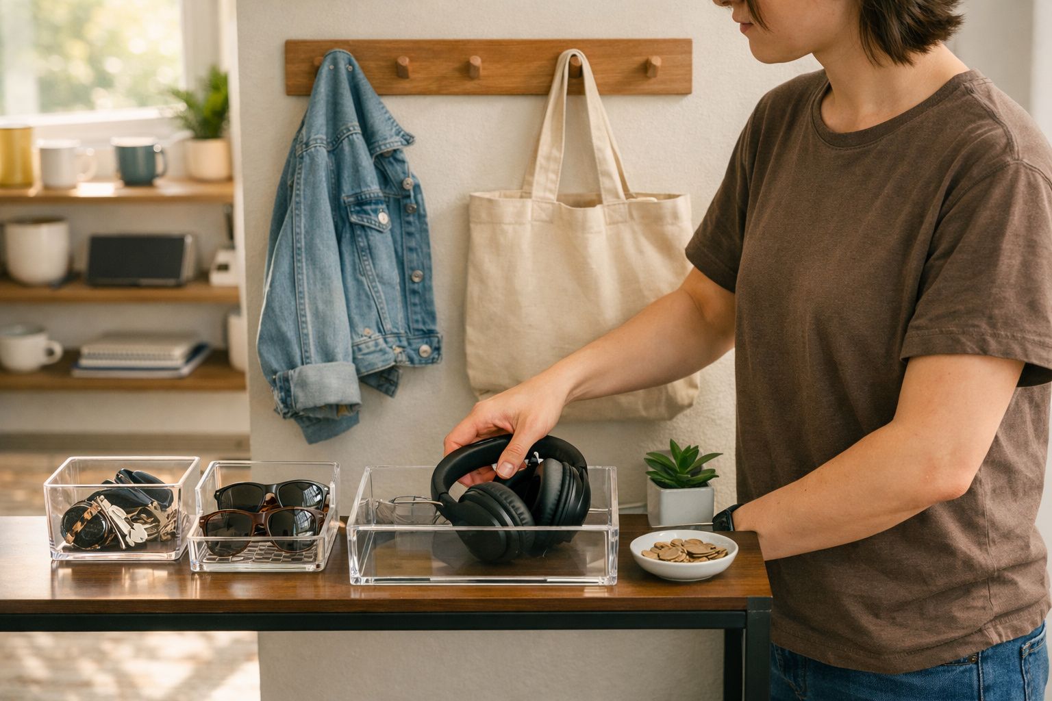 Pessoa a arrumar auscultadores numa caixa transparente numa mesa com chapéus, óculos e moedas em casa.