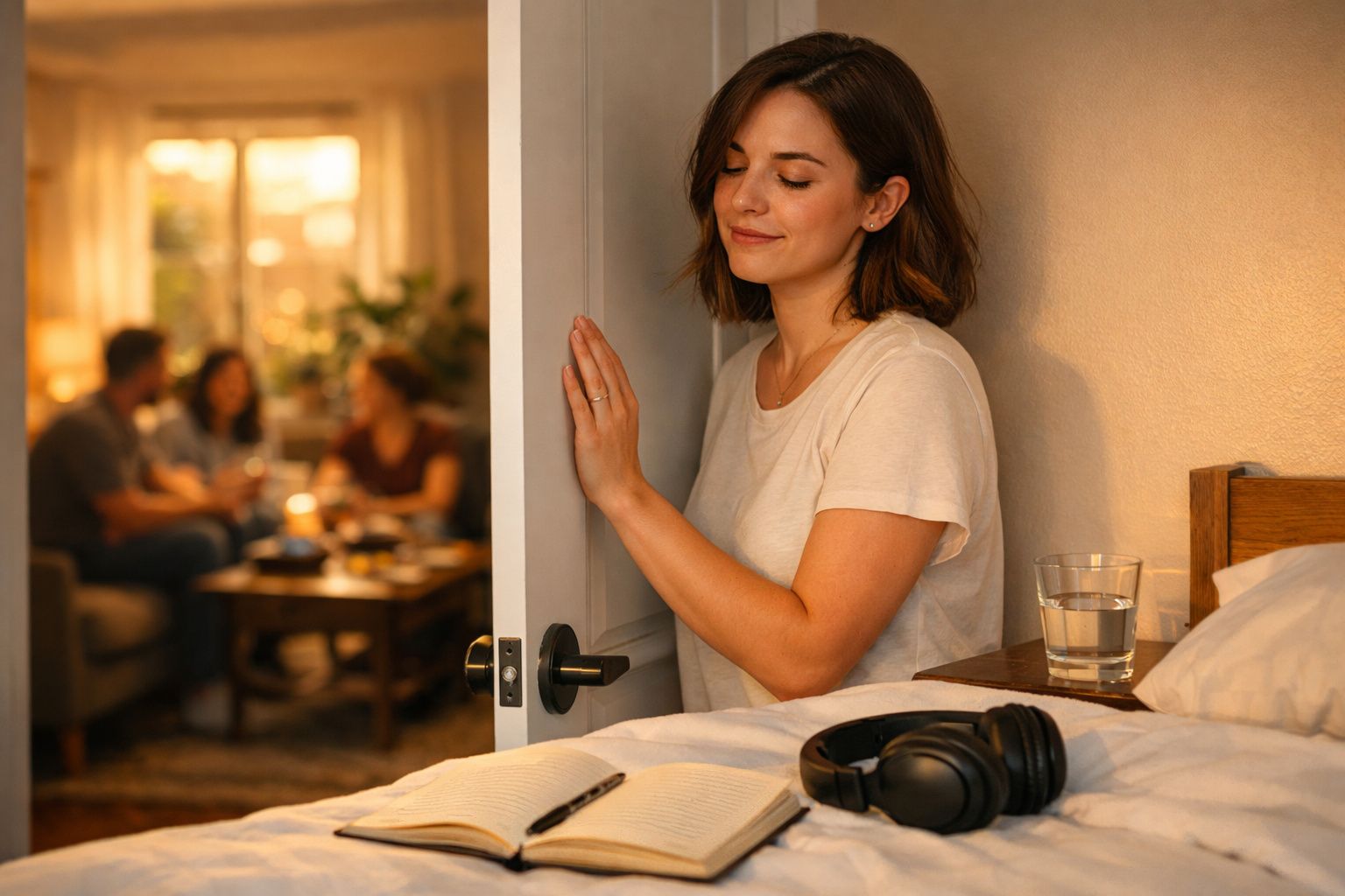 Mulher sorri fechando a porta de um quarto, enquanto outras pessoas conversam numa sala iluminada.