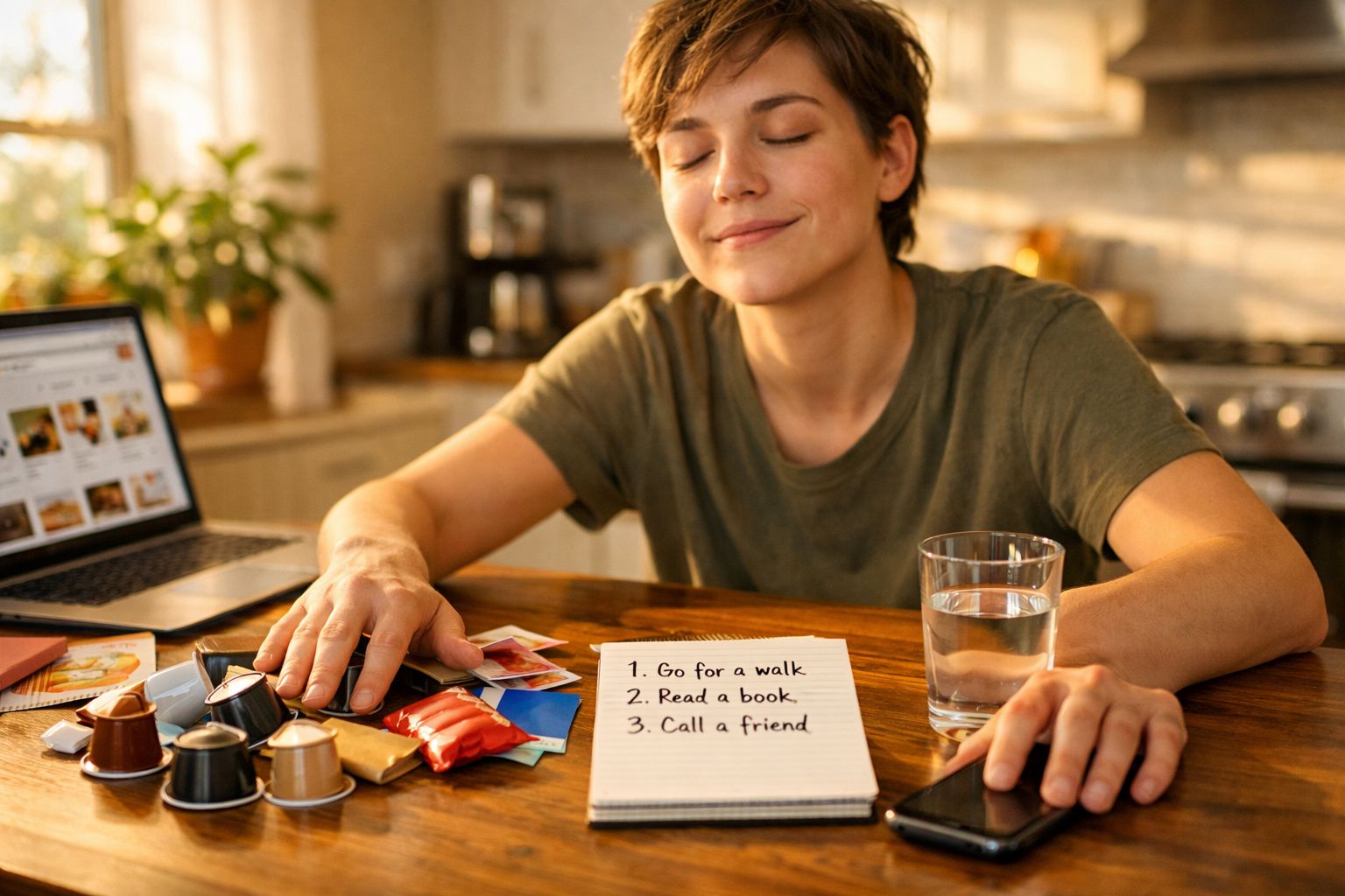 Pessoa sorridente sentada à mesa com cápsulas de café, lista de tarefas e um copo de água.