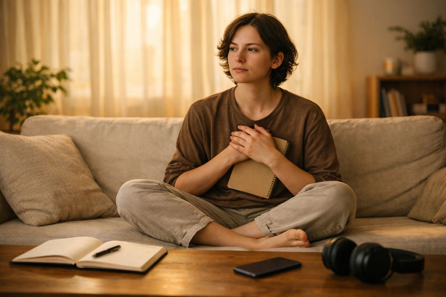 Mulher sentada no sofá a segurar um caderno, rodeada por um ambiente confortável e iluminado.