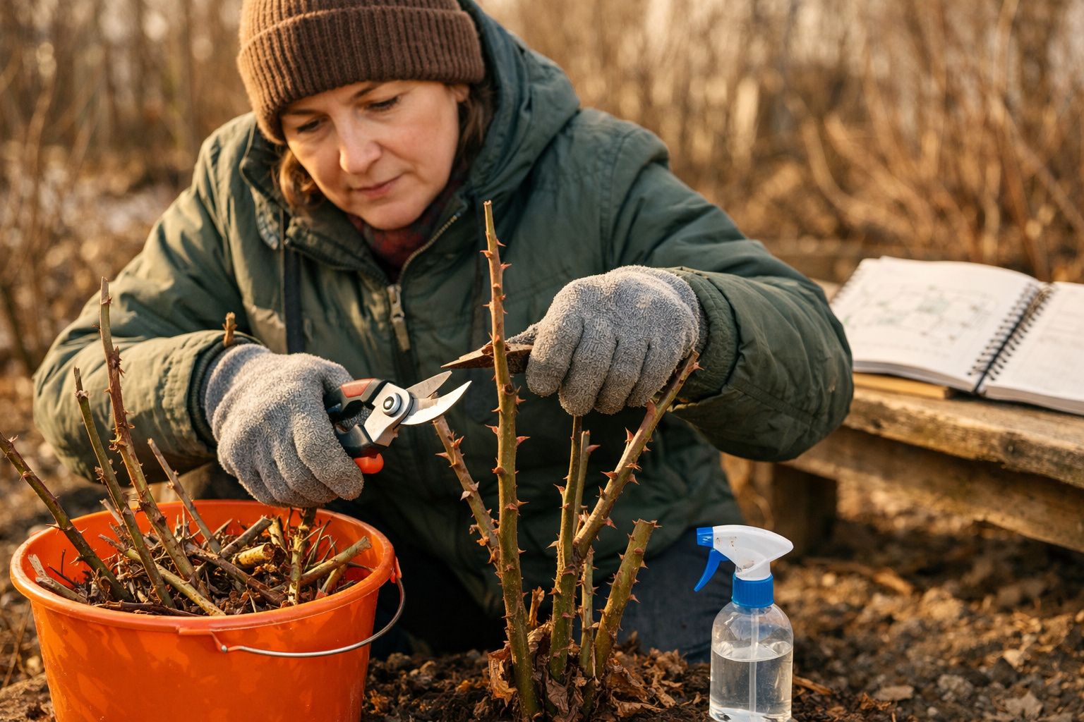 Mulher a podar ramos de roseira no jardim, usando luvas e agasalho, com ferramentas e caderno ao lado.