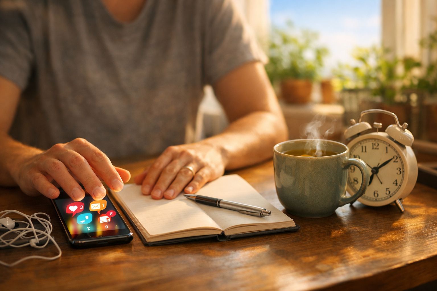 Pessoa a usar telemóvel com notificações, caderno aberto com caneta, chá quente e despertador numa mesa de madeira.