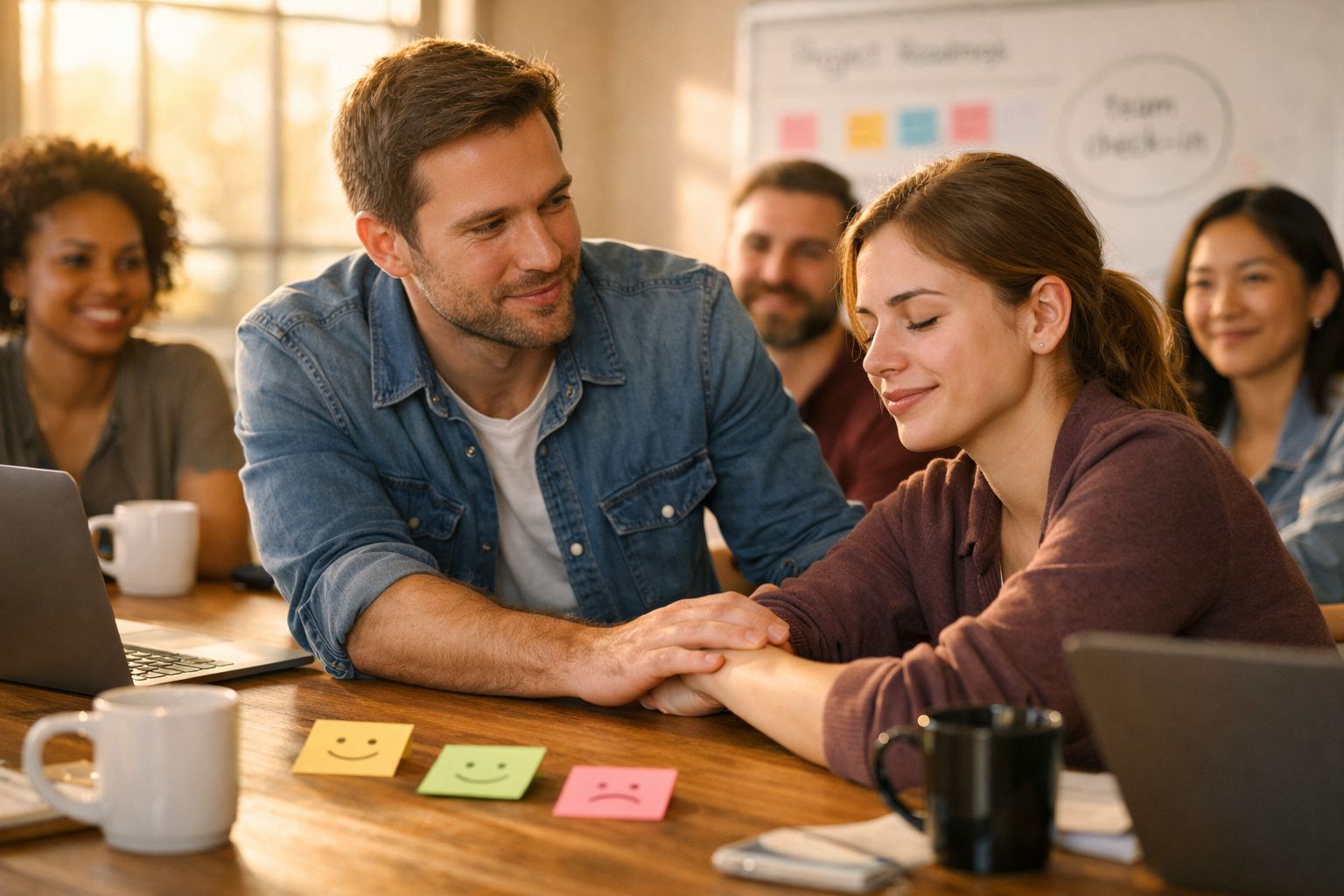 Pessoa a confortar outra ao redor de mesa com notas coloridas e grupo sorridente ao fundo.
