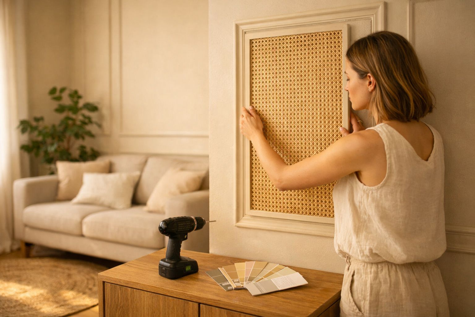Mulher a pendurar decoração de parede em sala com sofá, broca e amostras de cor numa mesa.
