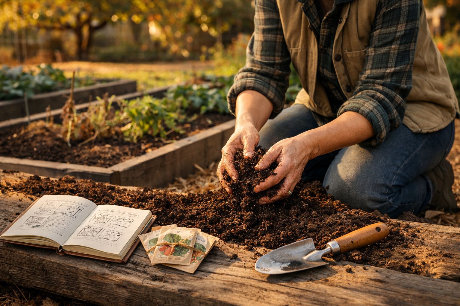 Pessoa a mexer terra de jardim com livro e sementes ao lado, em momento de cultivo ao ar livre.