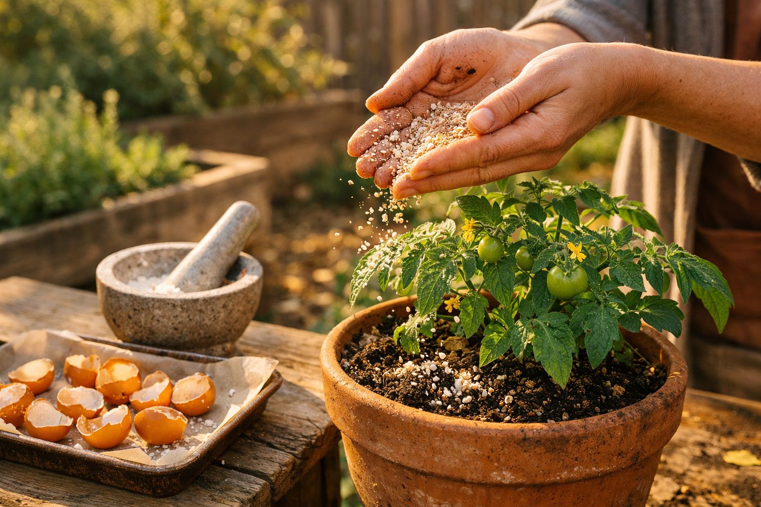 Mãos a fertilizar planta de tomate numa vaso de barro, com cascas de ovos e almofariz ao lado.