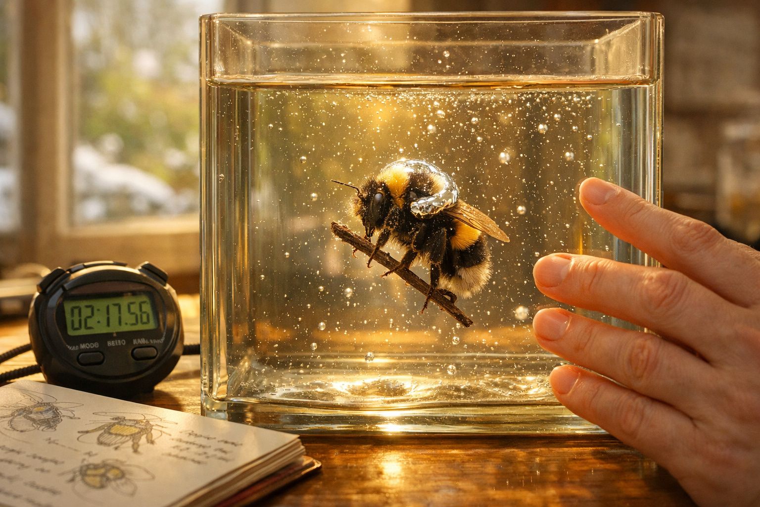 Abelha dentro de recipiente de vidro com um ramo, cronómetro e caderno com desenhos de abelhas numa mesa iluminada.