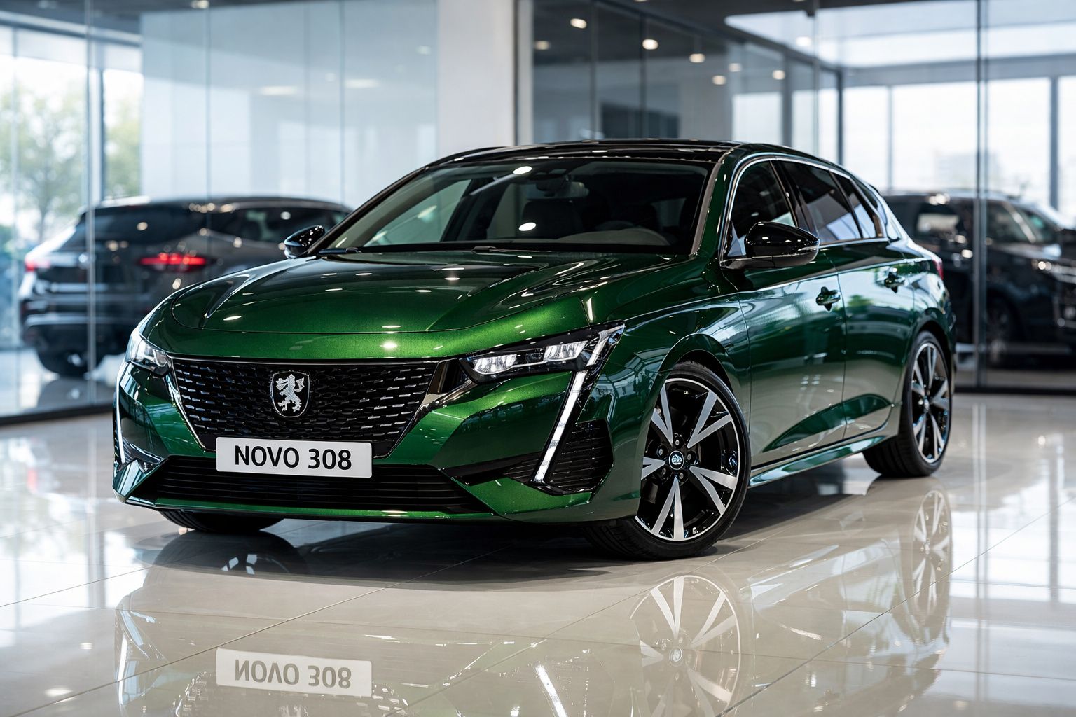 Peugeot Novo 308 verde metálico estacionado em showroom moderno com chão brilhante e vidro ao fundo.