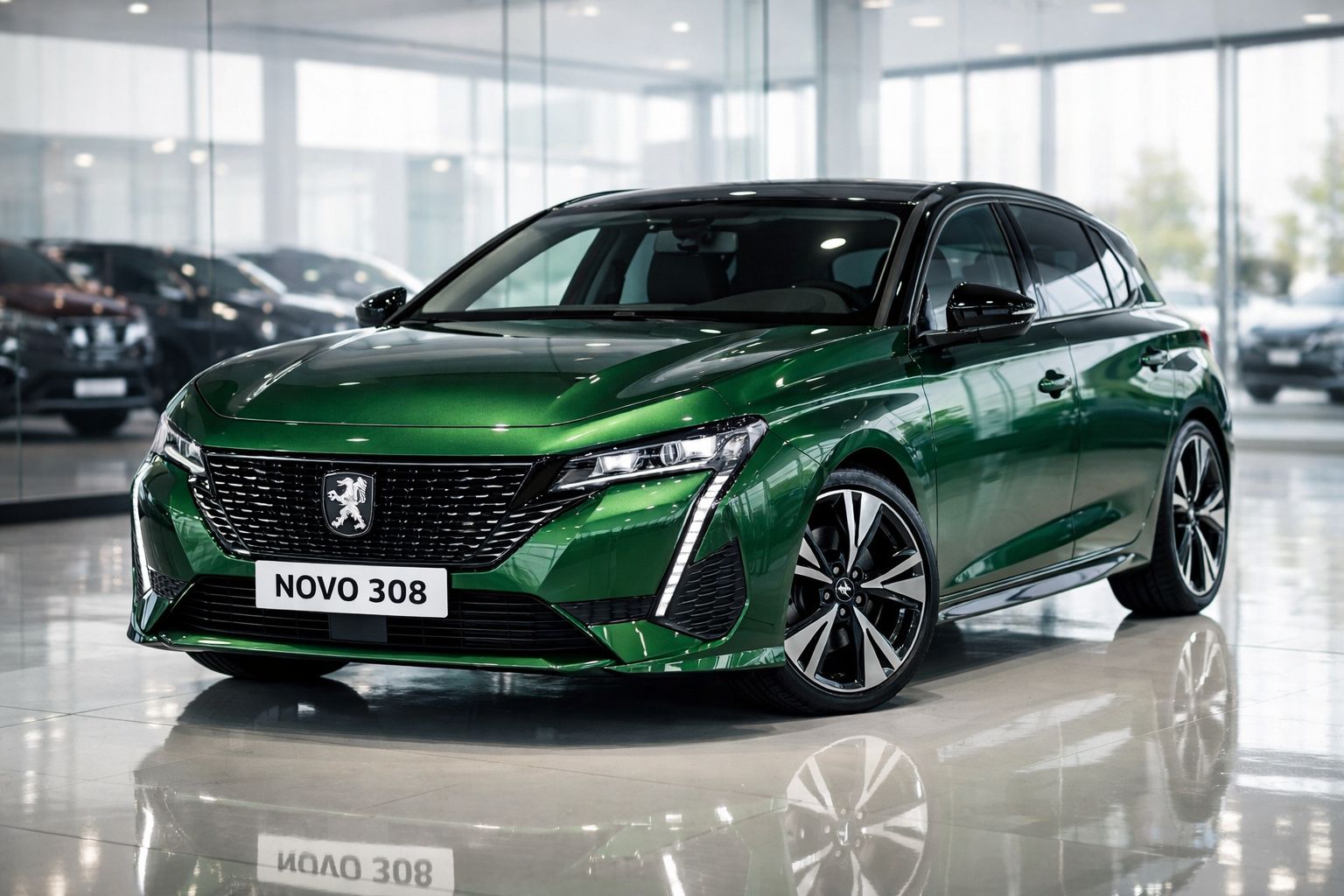 Peugeot Novo 308 verde metálico num showroom, visto de frente e ligeiramente lateral.